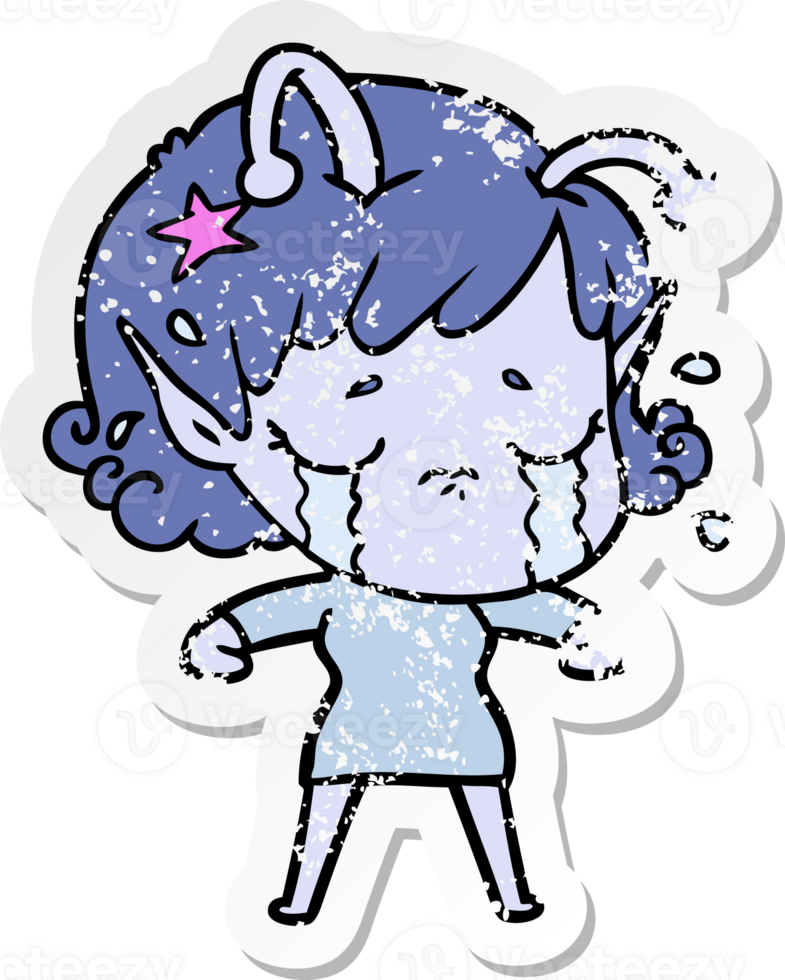 distressed sticker of a cartoon crying alien girl png