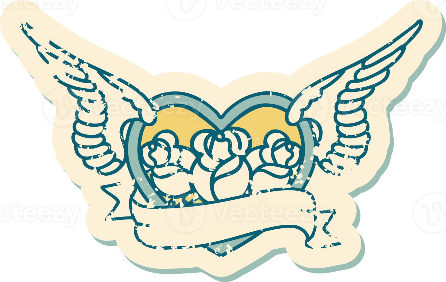 iconic distressed sticker tattoo style image of a flying heart with flowers and banner png