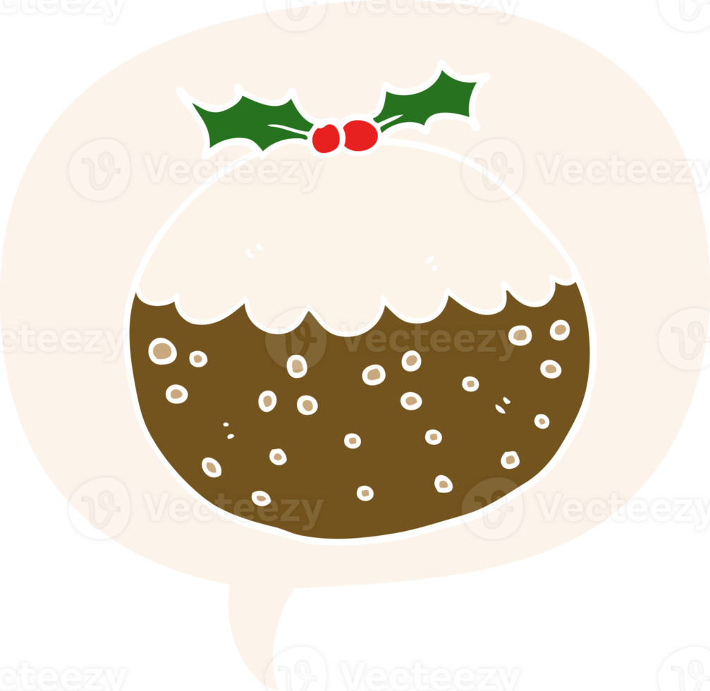 cartoon christmas pudding with speech bubble in retro style png