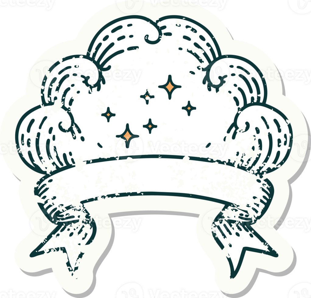 worn old sticker with banner of a cloud png