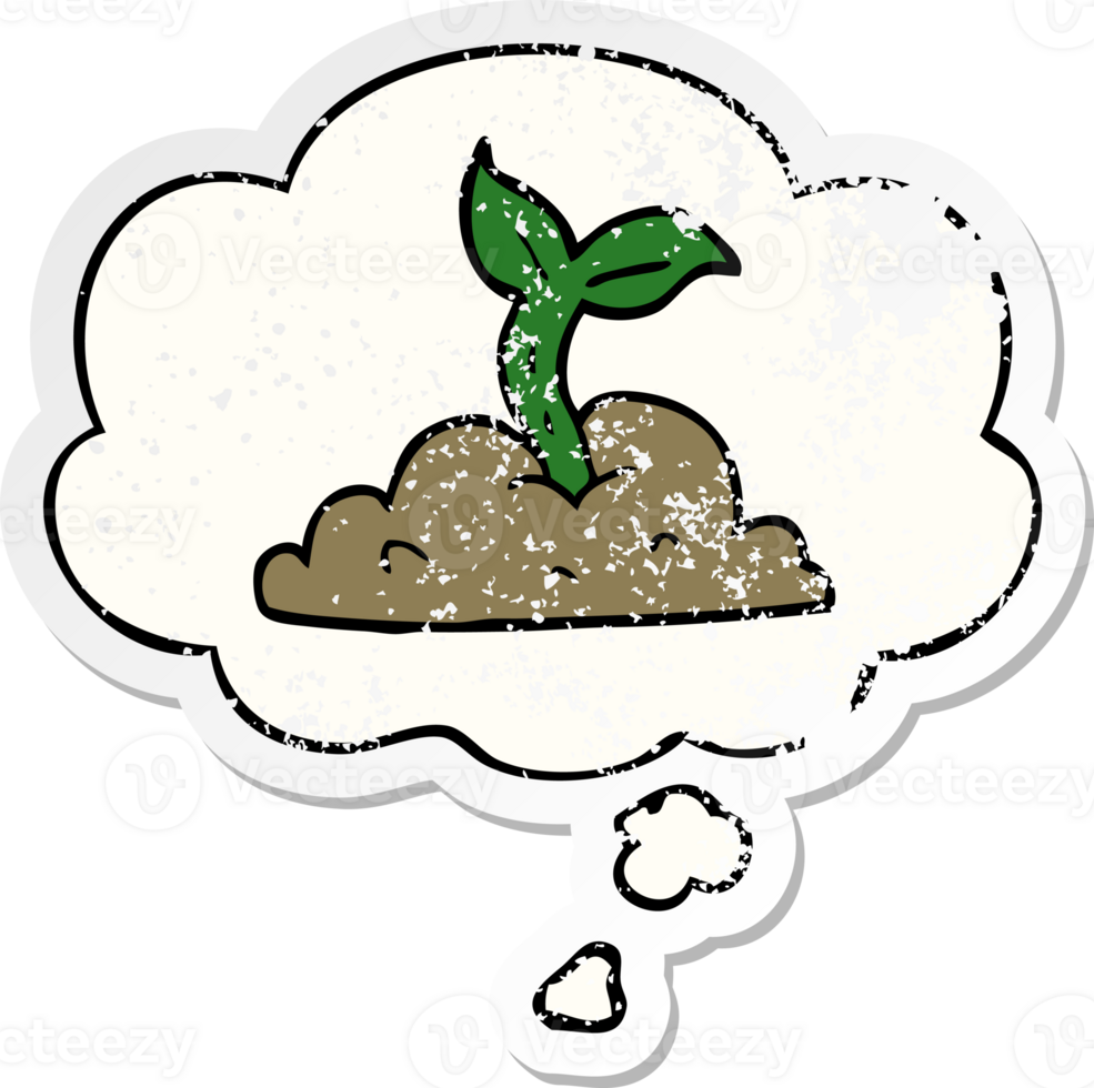 cartoon growing seedling with thought bubble as a distressed worn sticker png