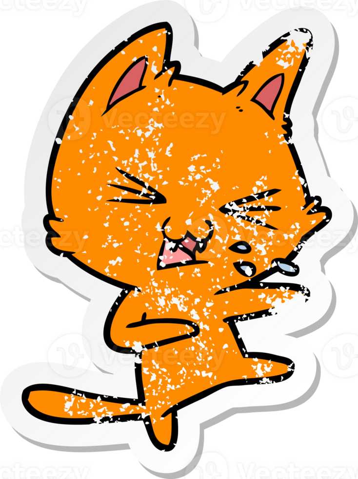 distressed sticker of a cartoon cat hissing png
