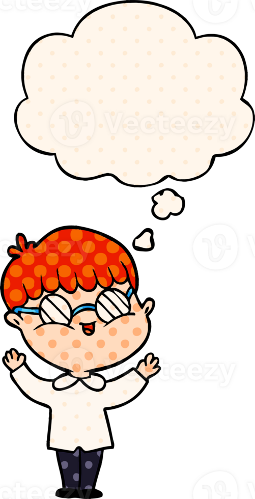 cartoon boy wearing spectacles with thought bubble in comic book style png