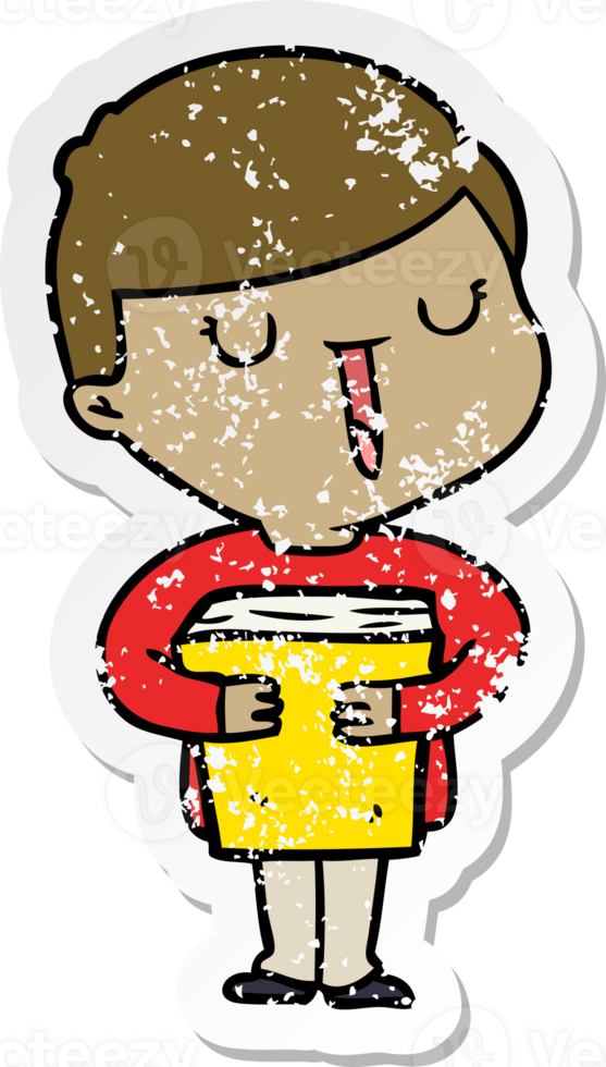 distressed sticker of a cartoon happy boy talking about his book png