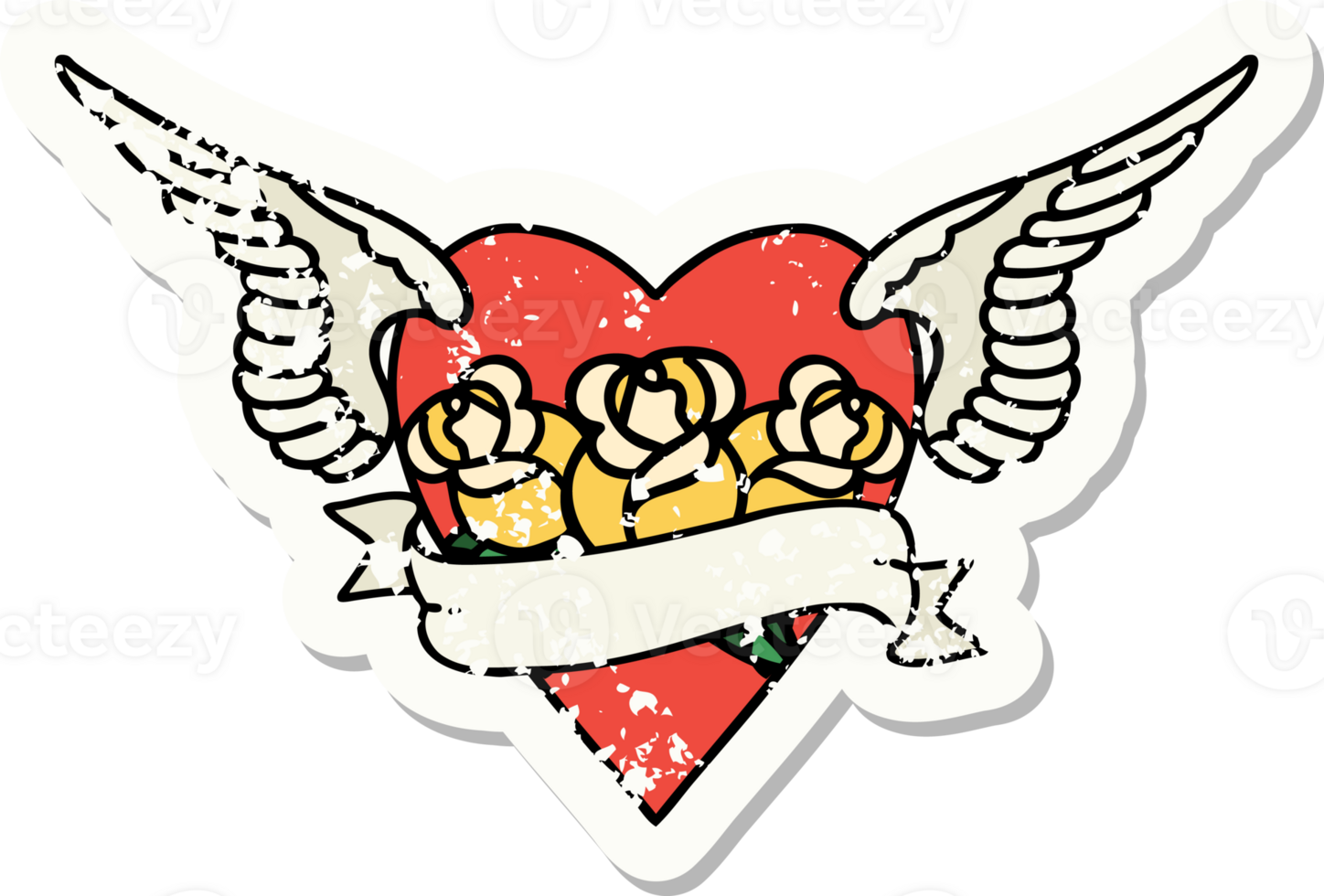 distressed sticker tattoo in traditional style of heart with wings flowers and banner png