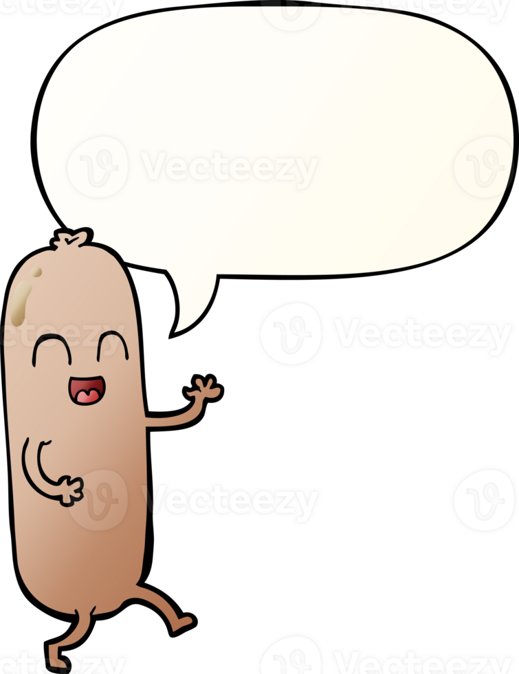 cartoon dancing sausage with speech bubble in smooth gradient style png