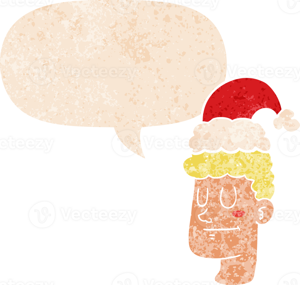 cartoon man wearing christmas hat with speech bubble in grunge distressed retro textured style png
