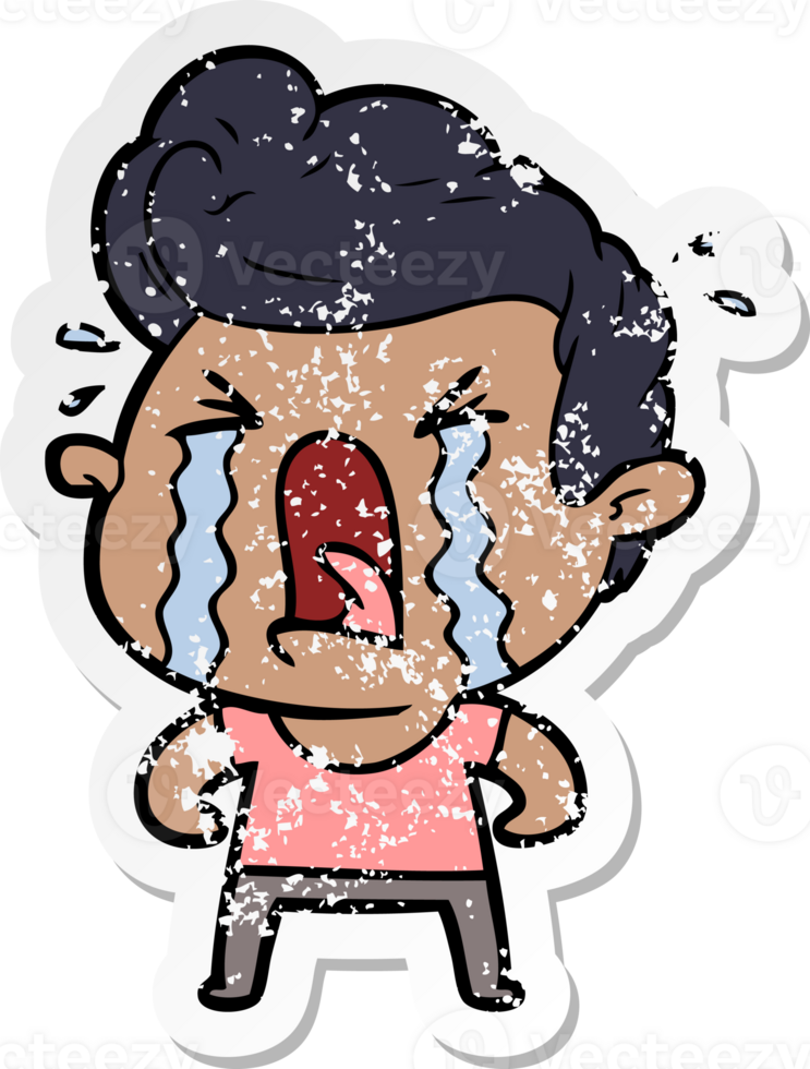 distressed sticker of a cartoon crying man png