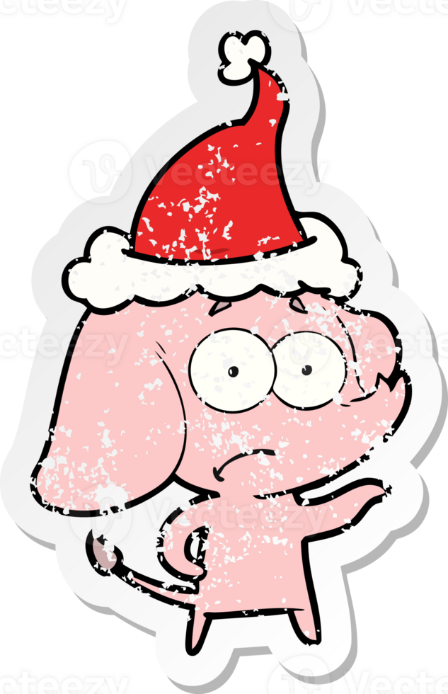 hand drawn distressed sticker cartoon of a unsure elephant wearing santa hat png