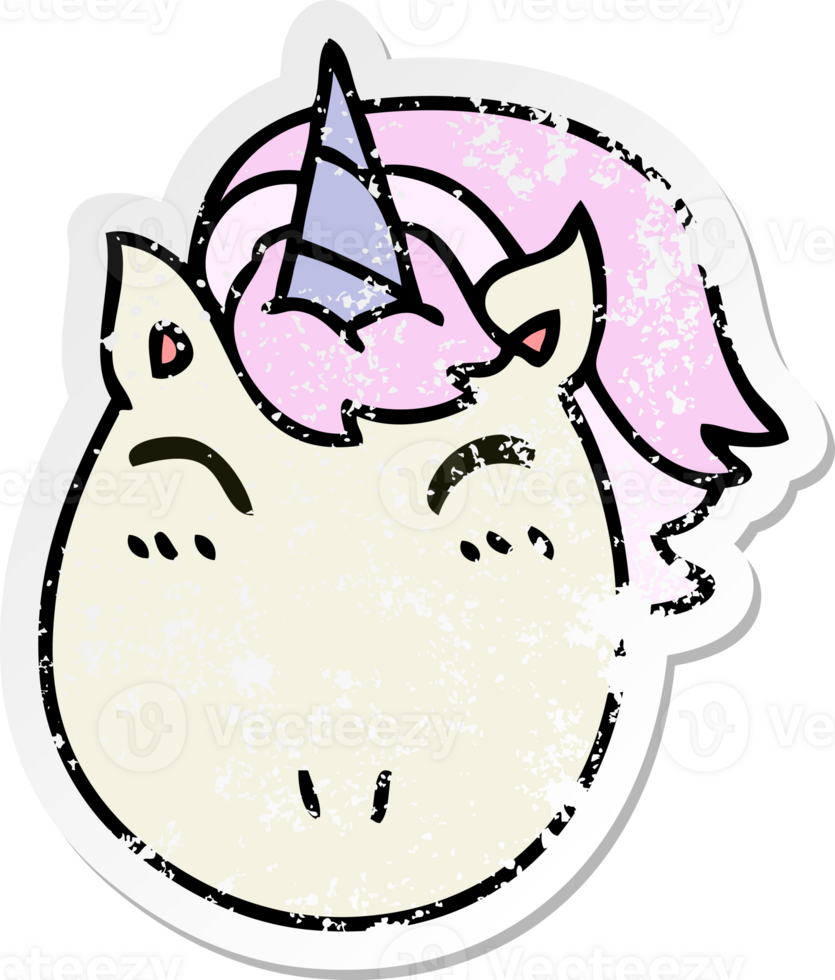 distressed sticker of a quirky hand drawn cartoon unicorn png
