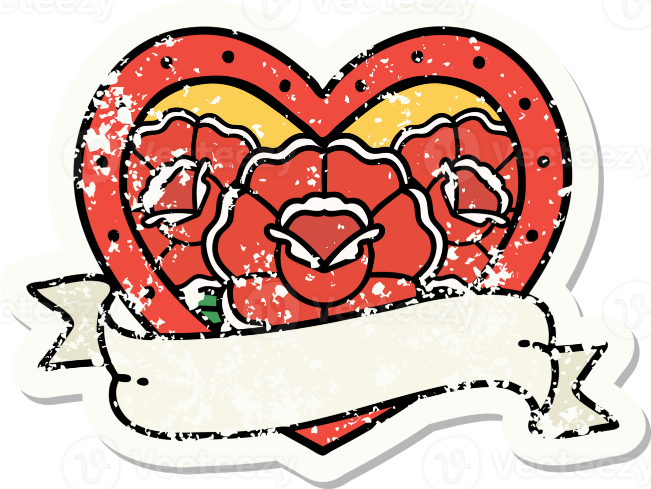 distressed sticker tattoo in traditional style of a heart and banner with flowers png