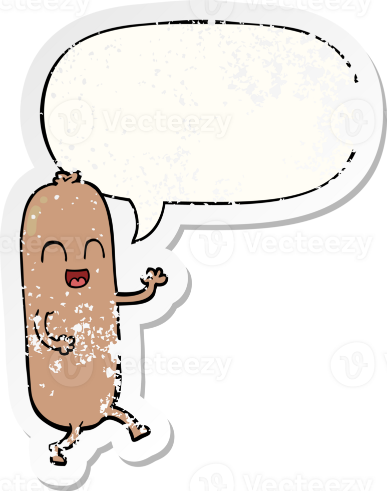 cartoon dancing sausage with speech bubble distressed distressed old sticker png