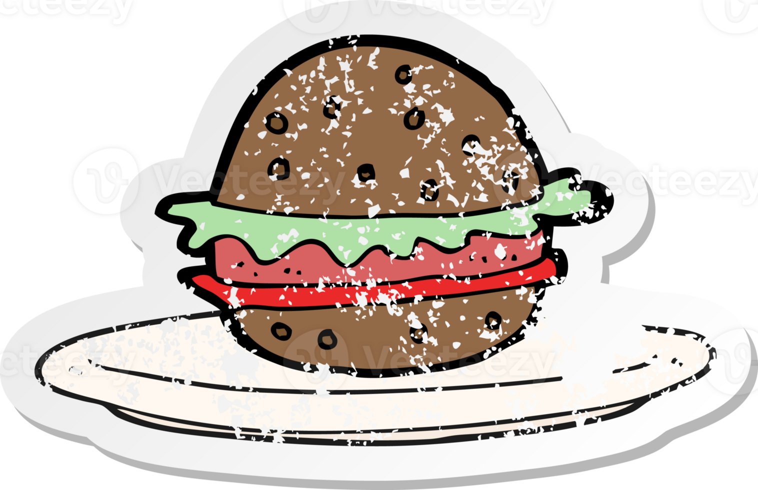 retro distressed sticker of a cartoon burger on plate png