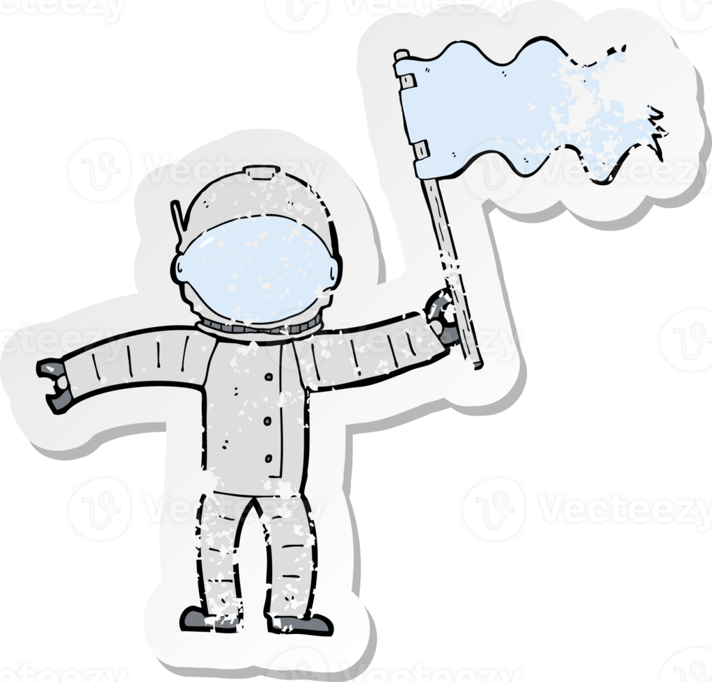 retro distressed sticker of a cartoon astronaut with flag png