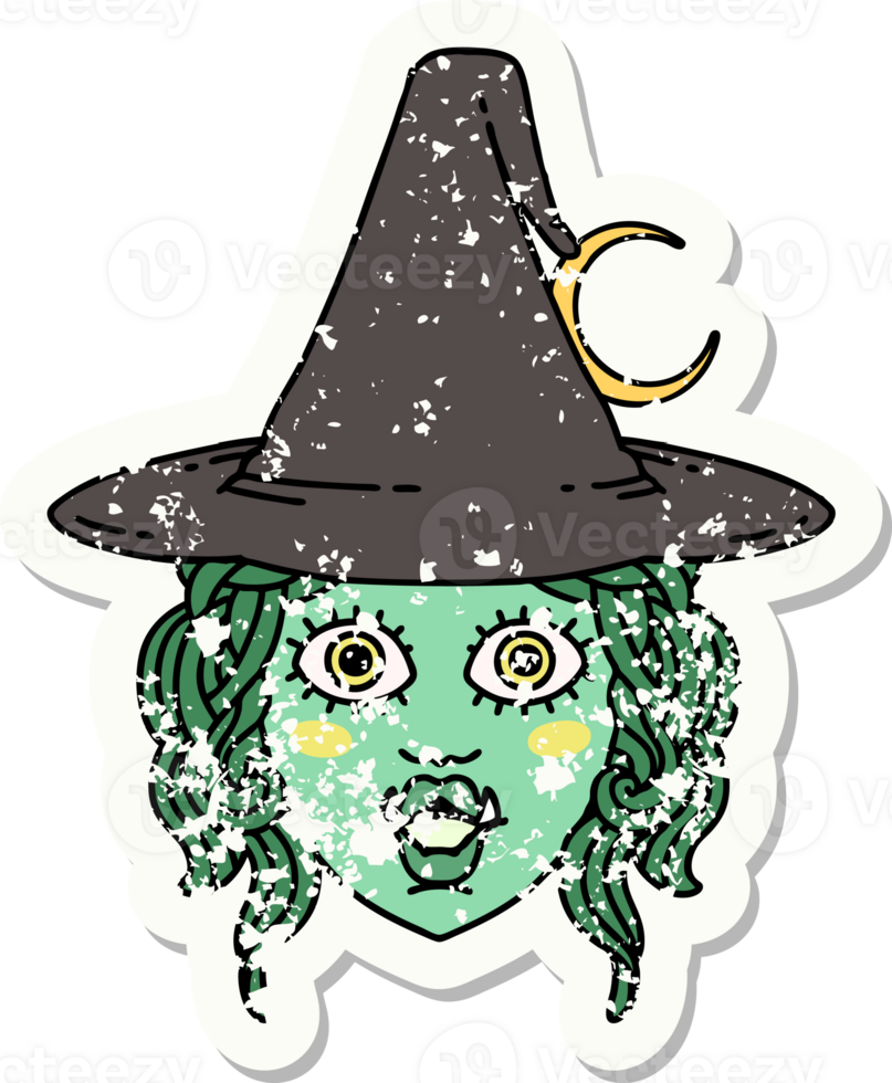 grunge sticker of a half orc witch character face png