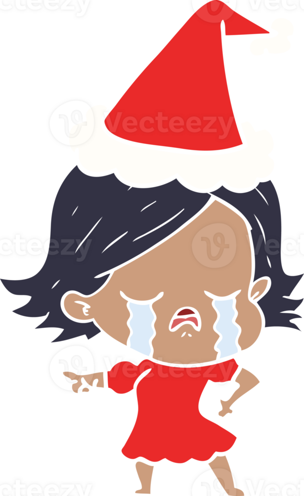 hand drawn flat color illustration of a girl crying and pointing wearing santa hat png