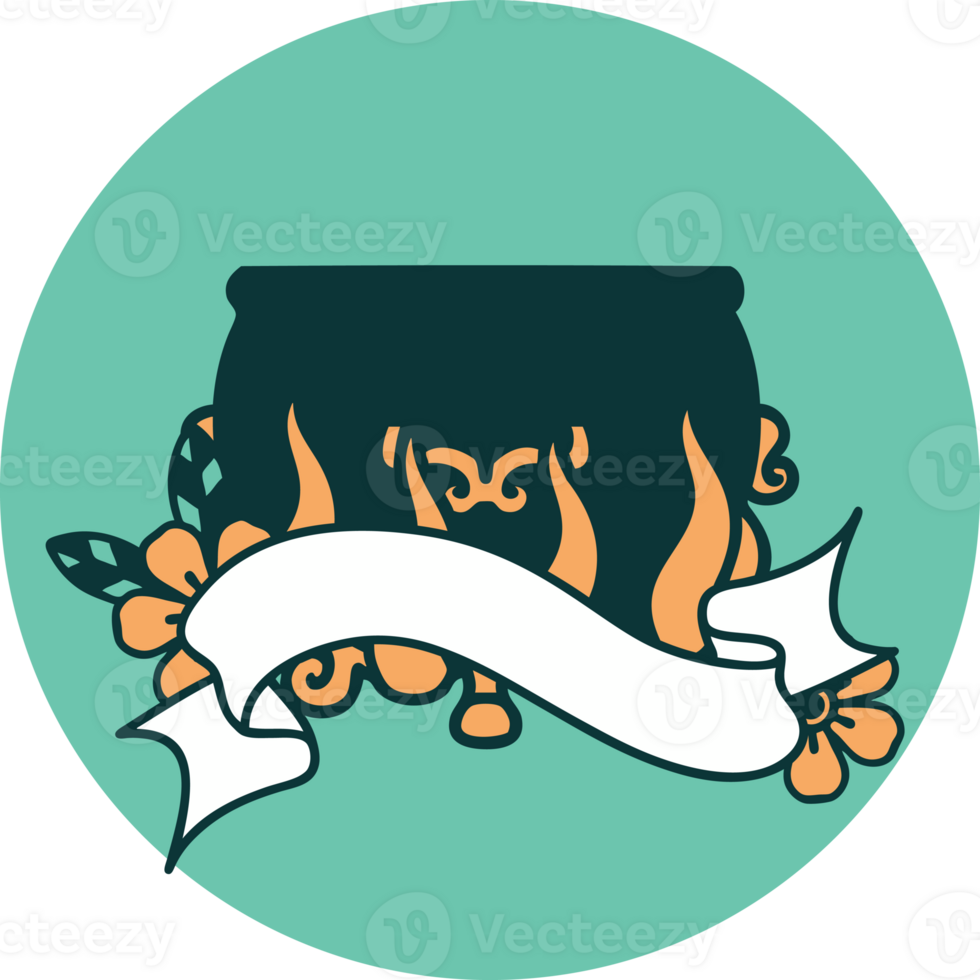 tattoo style icon with banner of a lit cauldron png