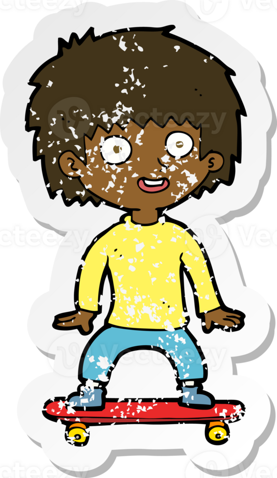 retro distressed sticker of a cartoon boy on skateboard png