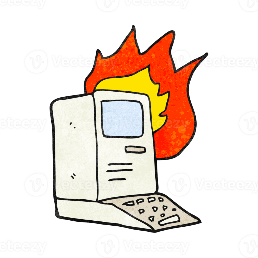 hand textured cartoon old computer on fire png