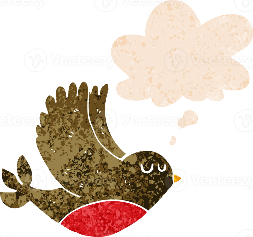 cartoon flying bird with thought bubble in grunge distressed retro textured style png