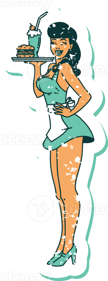 distressed sticker tattoo in traditional style of a pinup waitress girl png