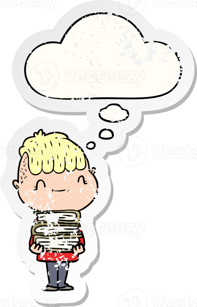 cartoon friendly boy with books with thought bubble as a distressed worn sticker png