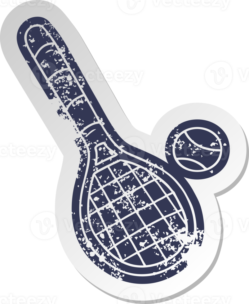 distressed old cartoon sticker tennis racket and ball png