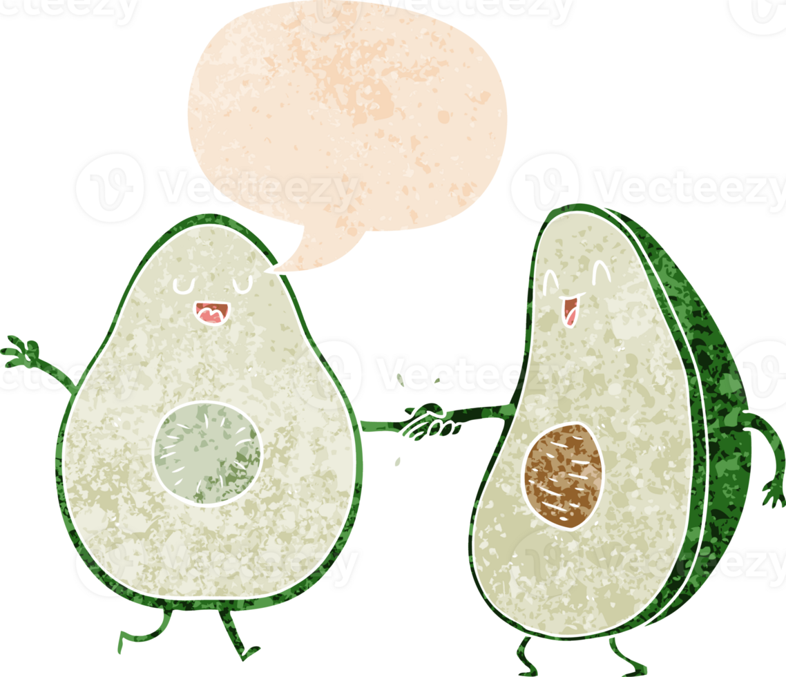 cartoon dancing avocados with speech bubble in grunge distressed retro textured style png