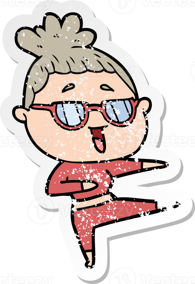 distressed sticker of a cartoon happy woman wearing spectacles png