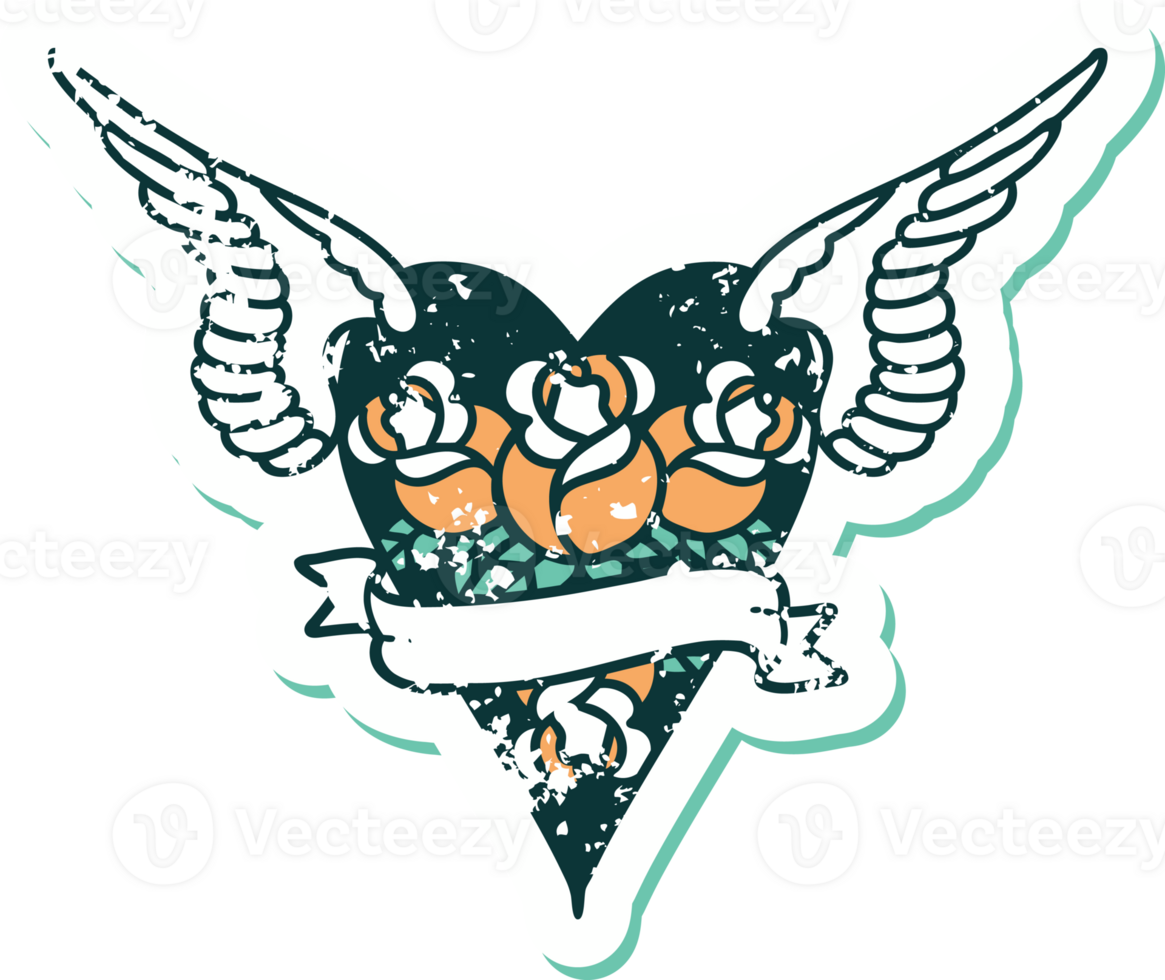iconic distressed sticker tattoo style image of a flying heart with flowers and banner png