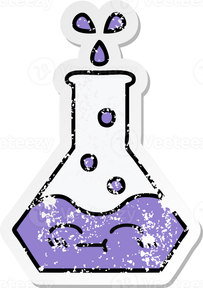 distressed sticker of a cute cartoon science beaker png