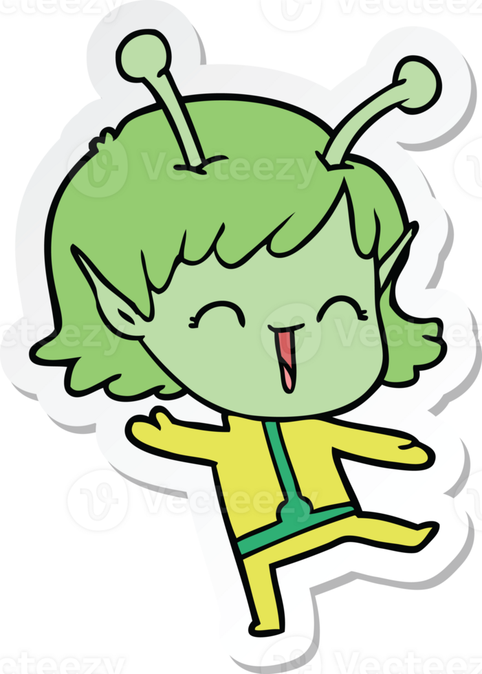 sticker of a cartoon alien girl laughing png