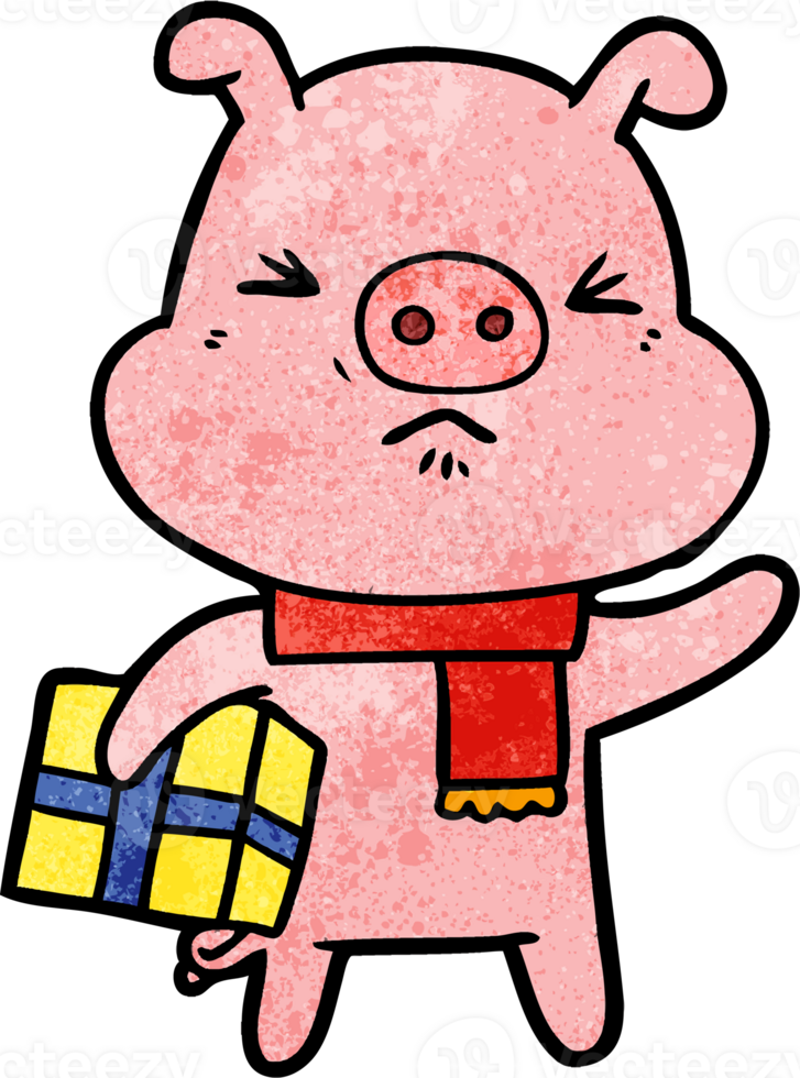 cartoon angry pig with christmas present png