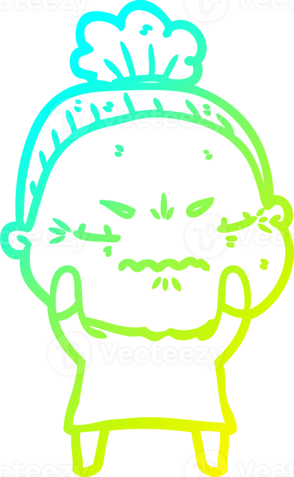 cold gradient line drawing of a cartoon annoyed old lady png