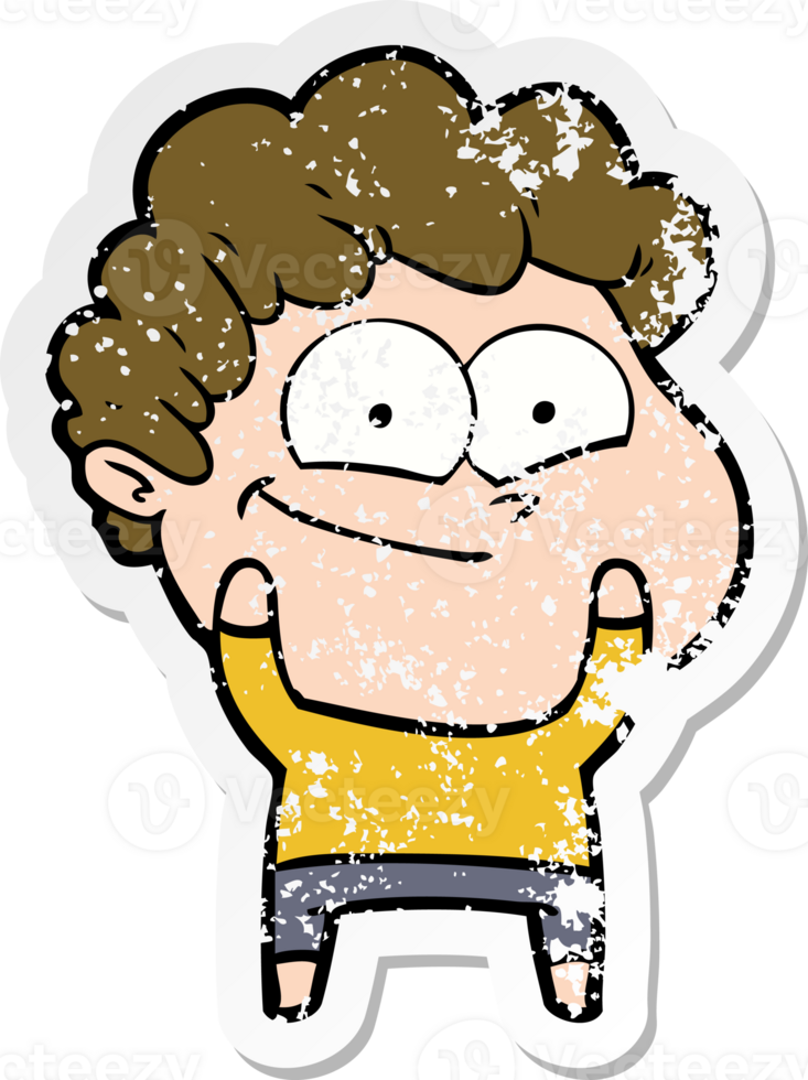 distressed sticker of a cartoon happy man png