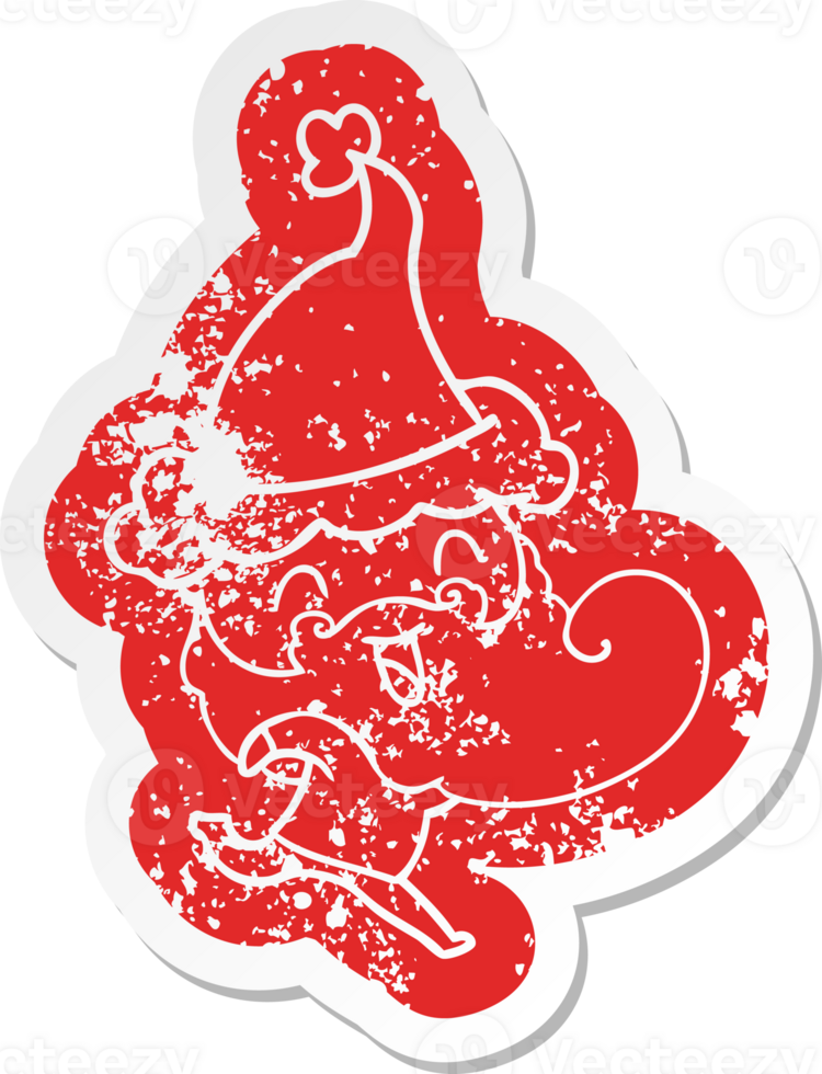 Flat color distressed sticker of happy bearded man wearing santa hat png