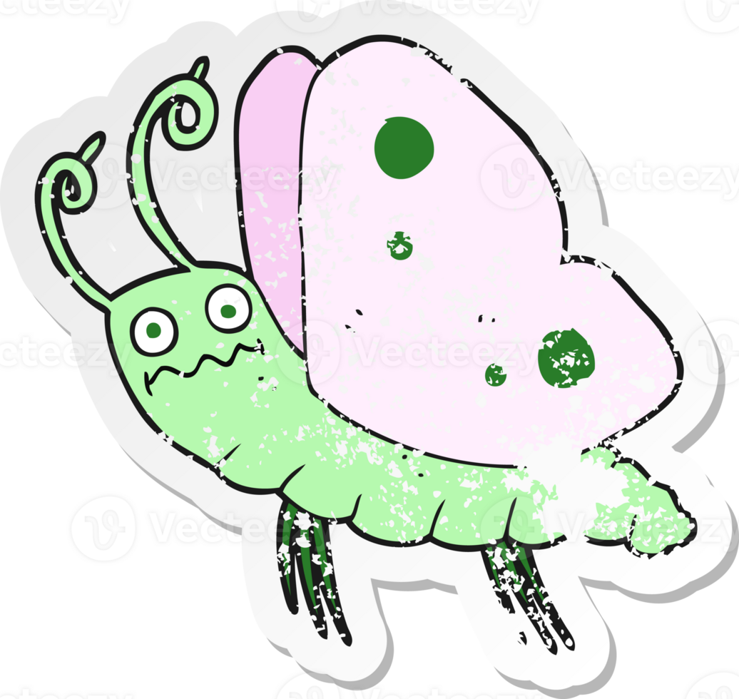 retro distressed sticker of a cartoon funny butterfly png