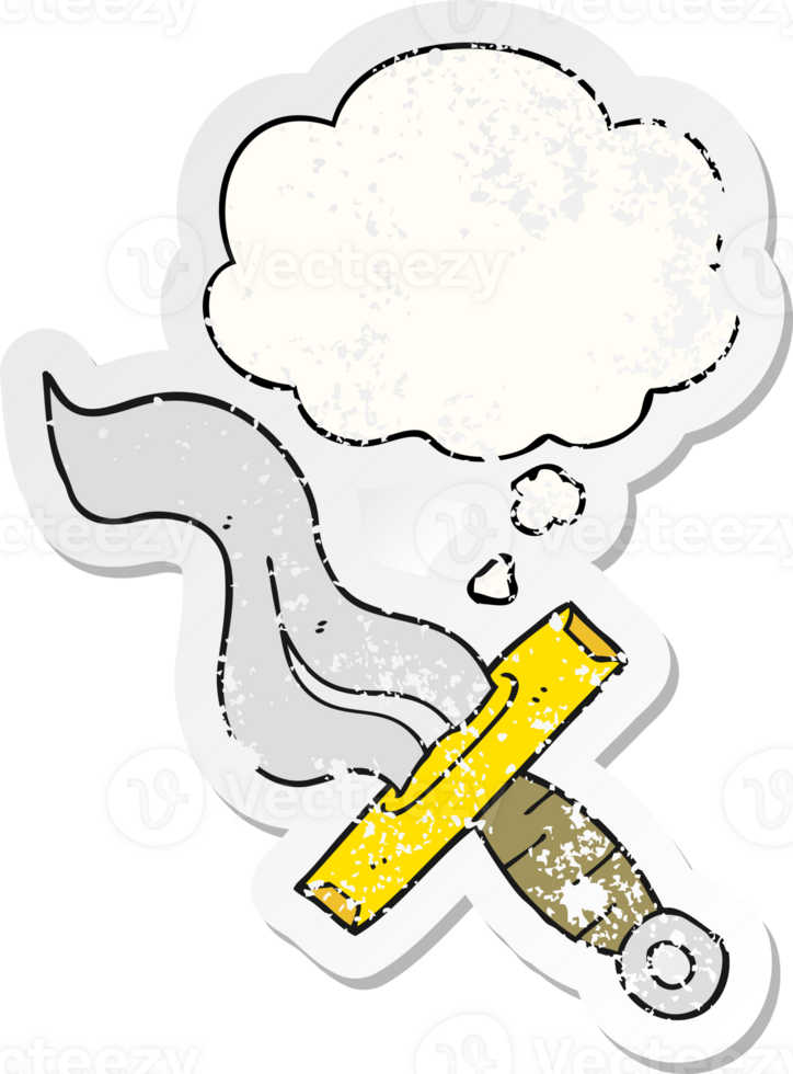 cartoon dagger with thought bubble as a distressed worn sticker png