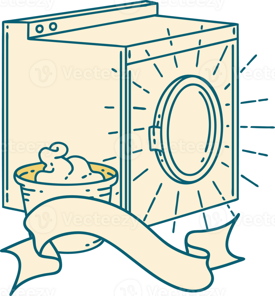 scroll banner with tattoo style washing machine png