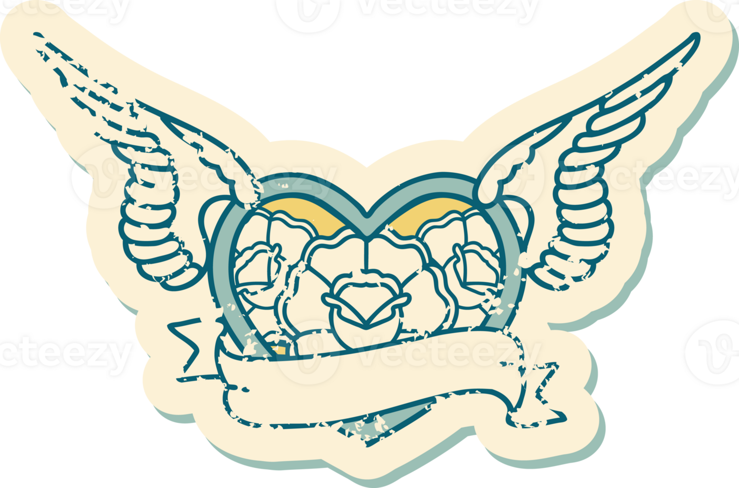 iconic distressed sticker tattoo style image of a flying heart with flowers and banner png