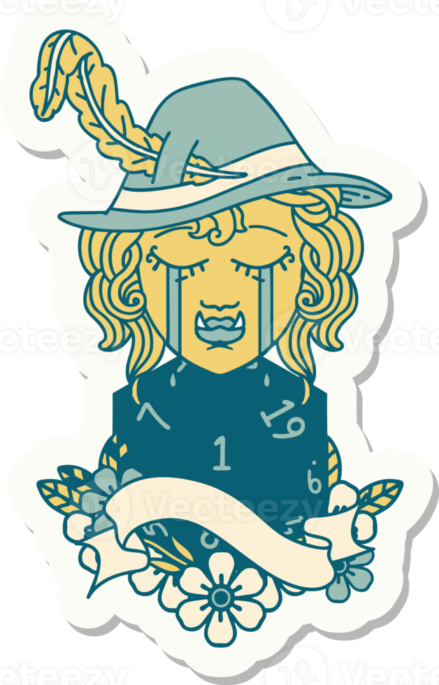 sticker of a crying orc bard character with natural one D20 roll png