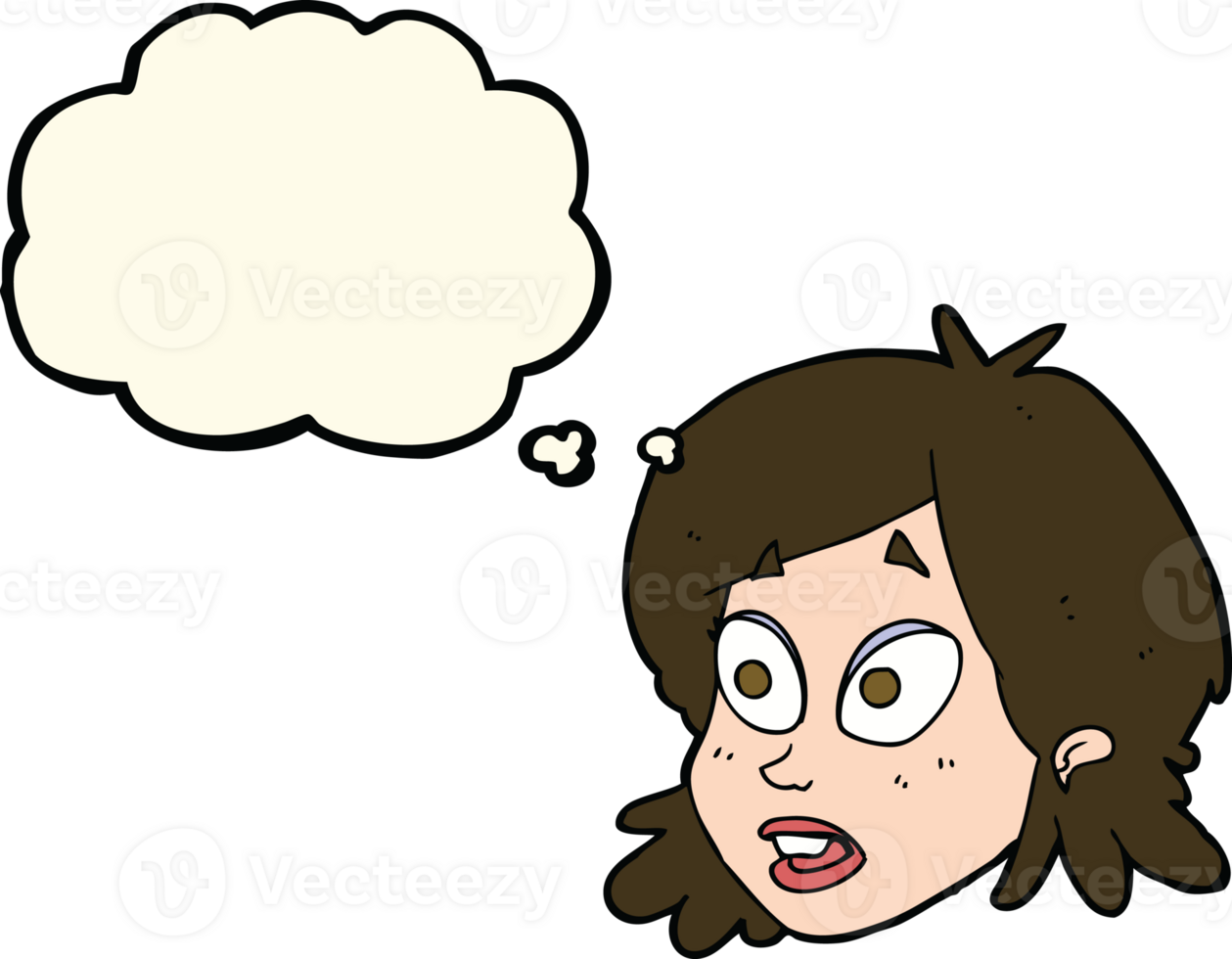 cartoon female face with surprised expression with thought bubble png