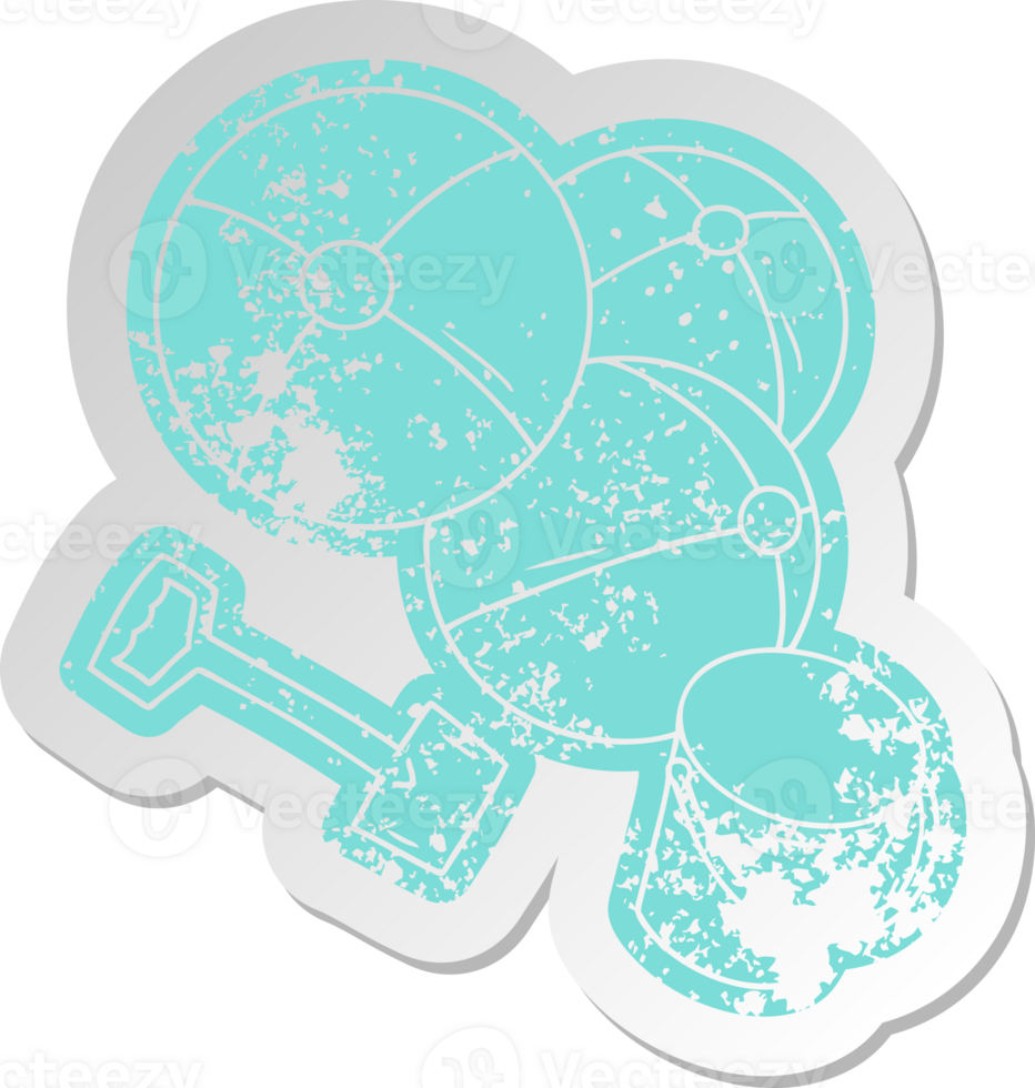distressed old cartoon sticker beach balls with a bucket and spade png