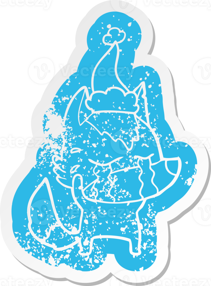 quirky cartoon distressed sticker of a crying wolf wearing santa hat png