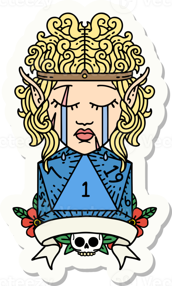 sticker of a sad elf barbarian character with natural one roll png