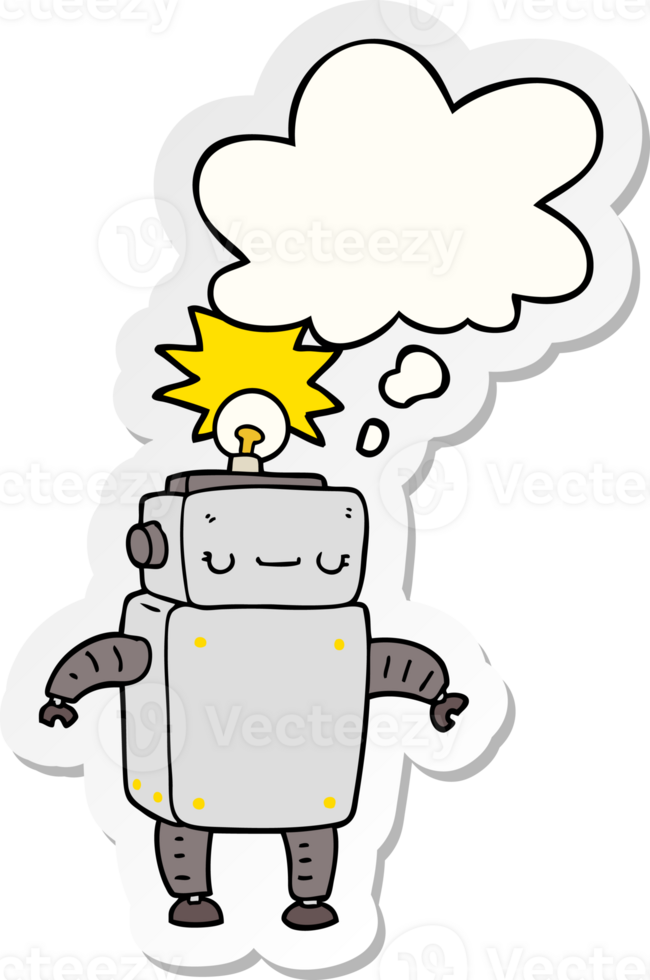 cartoon robot with thought bubble as a printed sticker png