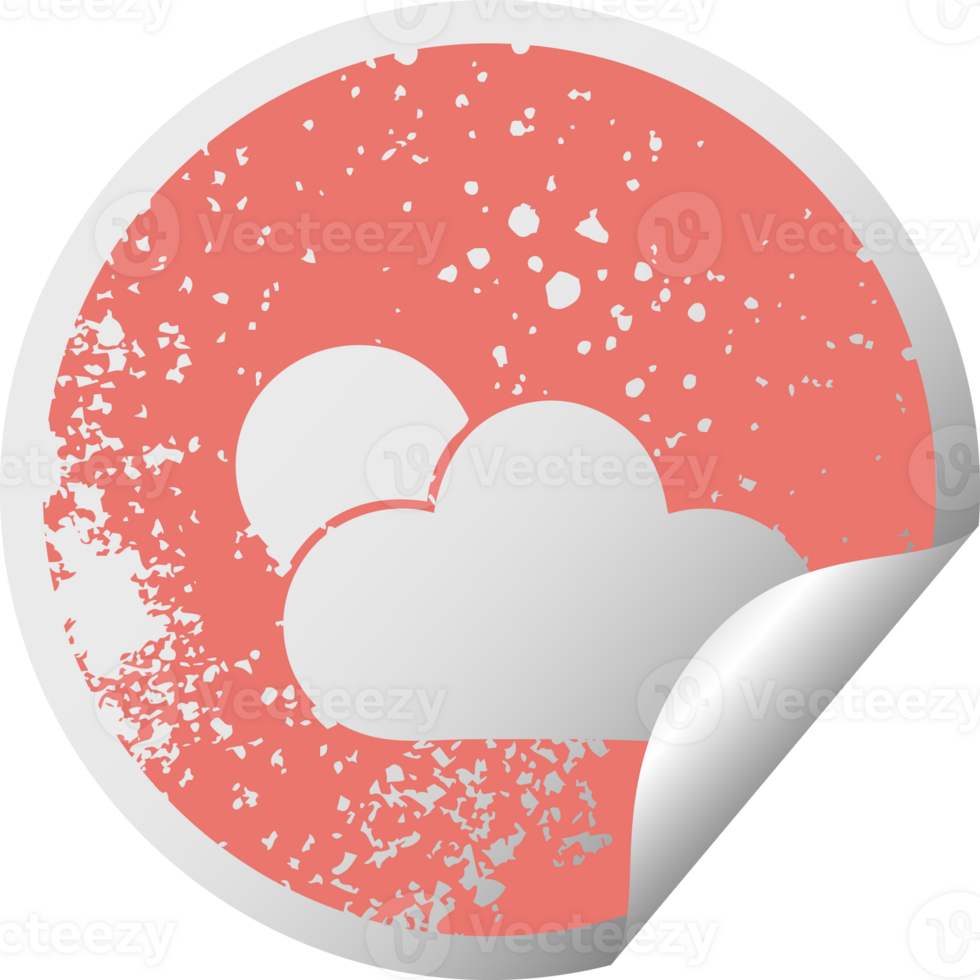 distressed circular peeling sticker symbol of a sunshine and cloud png
