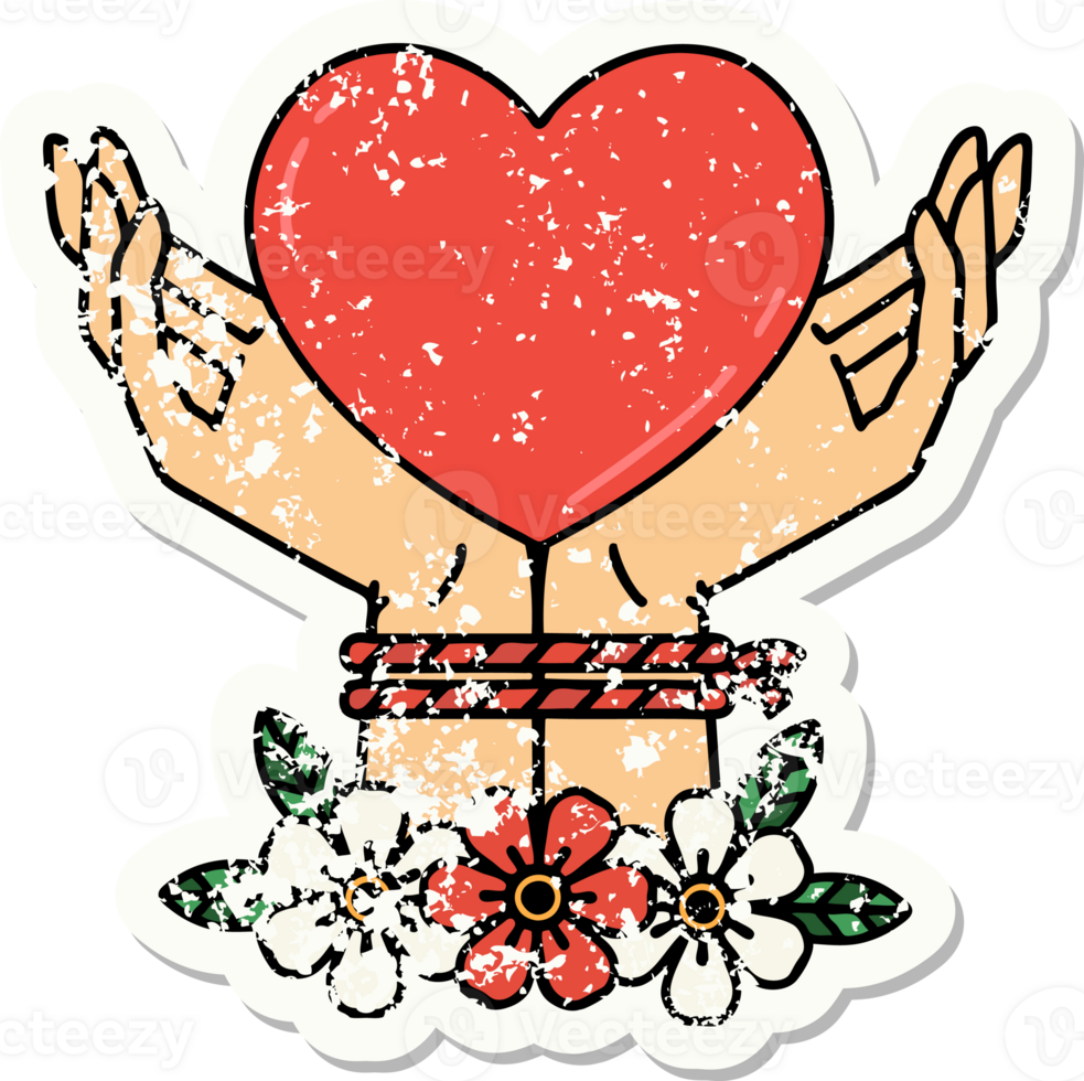 distressed sticker tattoo in traditional style of tied hands and a heart png