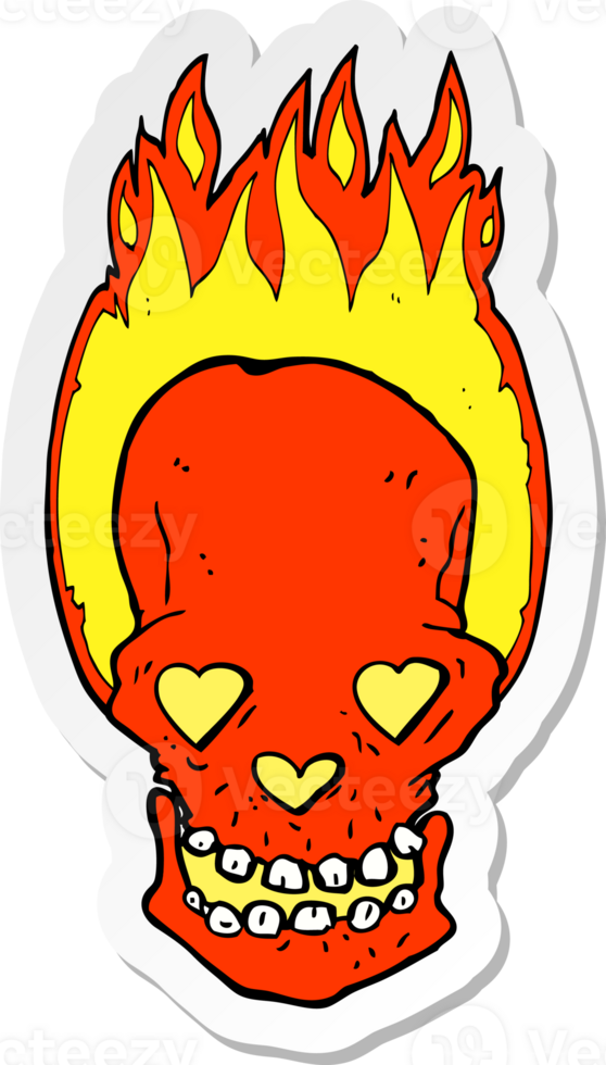 sticker of a cartoon flaming skull with love heart eyes png