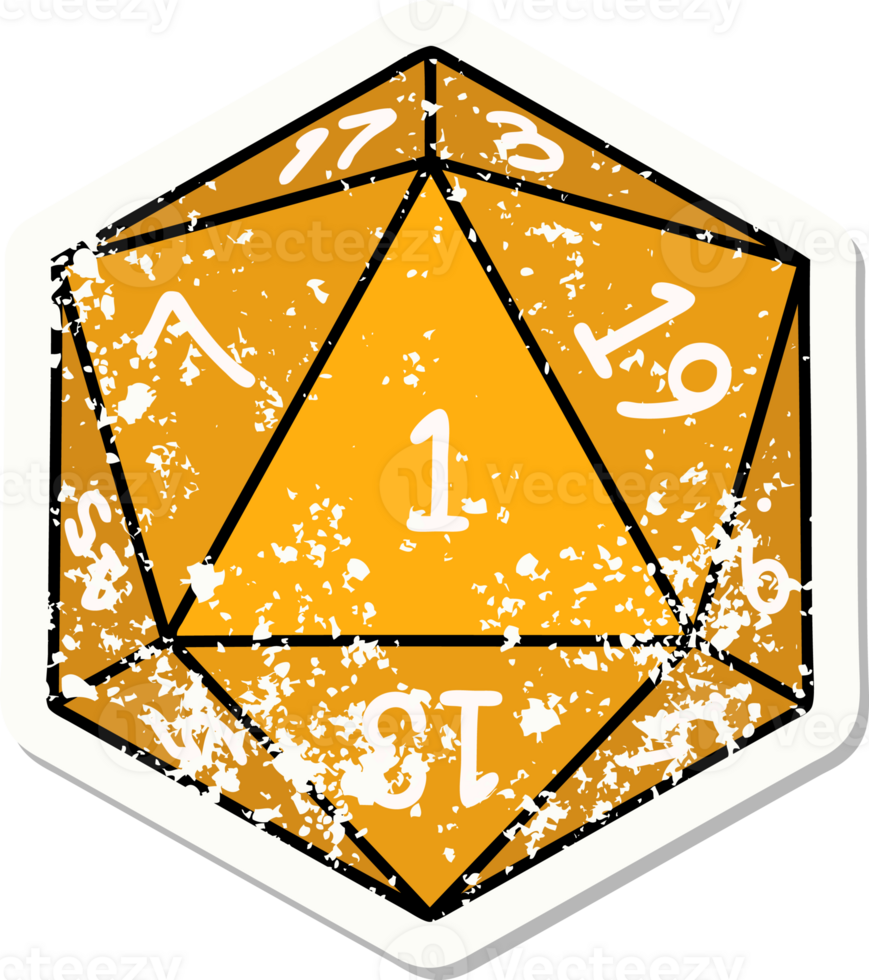 grunge sticker of a natural 1 D20 dice roll png